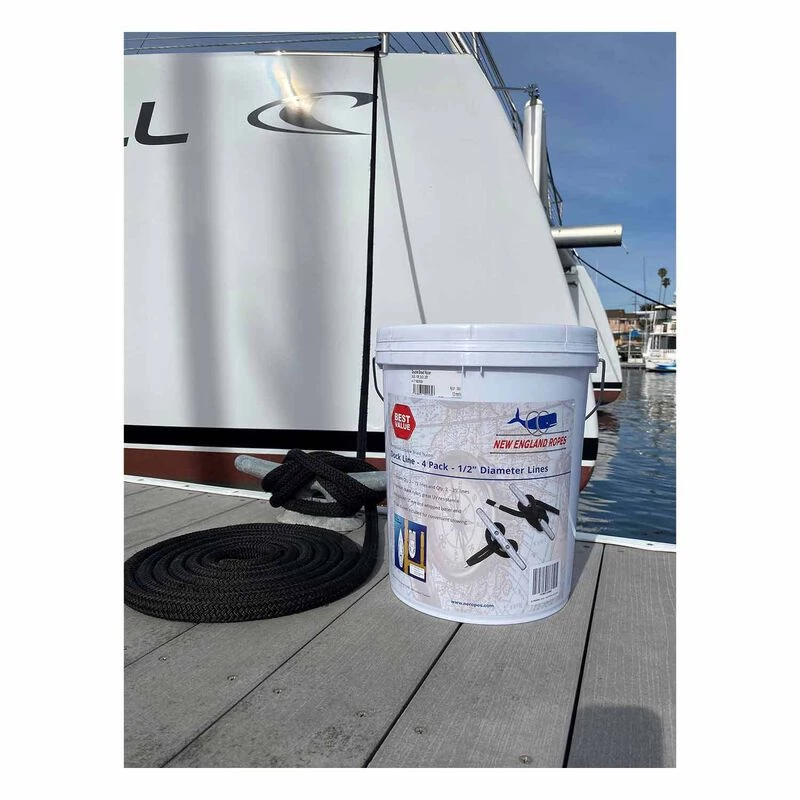 NEW ENGLAND ROPES 5/8" Black Dock Line 4-Pack with Bucket 1 NEW ENGLAND ROPES 5/8" Black Dock Line 4-Pack with Bucket